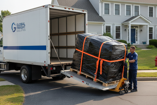 ok a little bigger truck and lift gate unloading something on a pallet