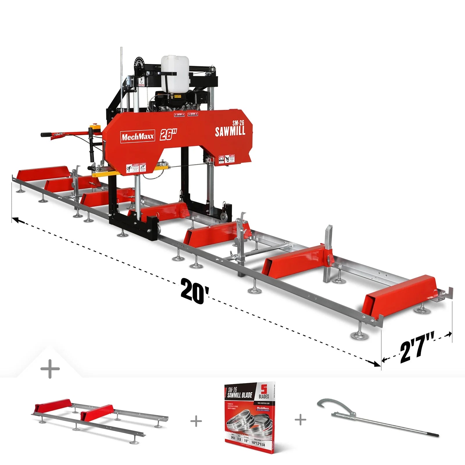 MechMaxx 26" Portable Sawmill, KOHLER CH440 429cc E-Start Gasoline Engine, 20" Board Width, 20' Track Length (13' Track Length + 6.4' Track Extension Included) , SM-26