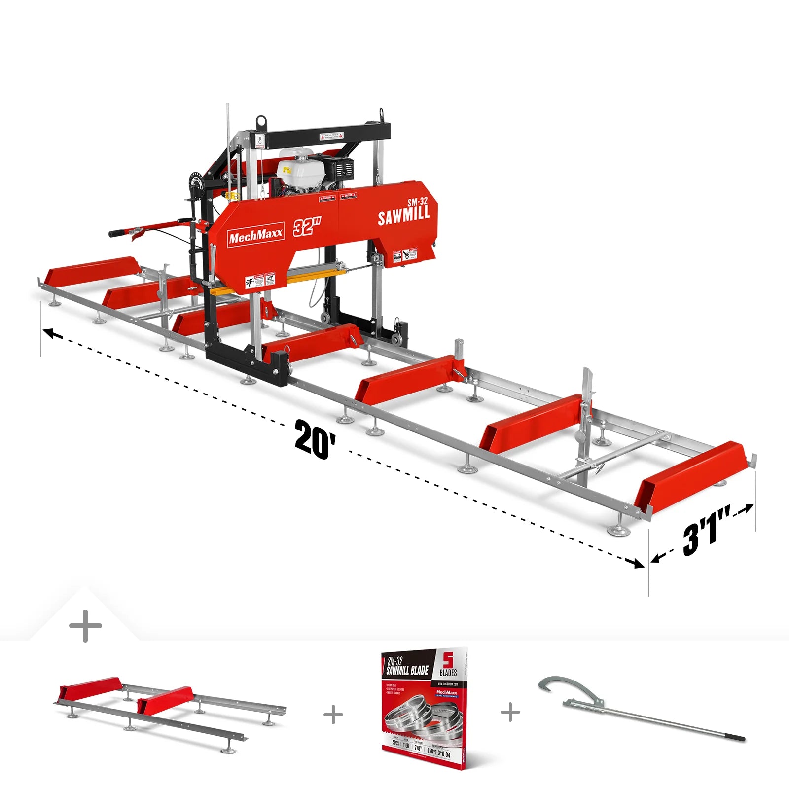 MechMaxx 32" Portable Sawmill , HONDA GX390 389cc E-Start Gasoline Engine, 26.5" Board Width, 20' Track Length (13' Track Length + 6.4' Track Extension Included) , SM-32