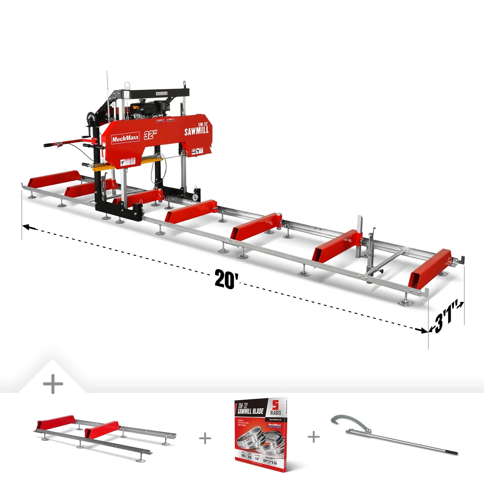 MechMaxx 32" Portable Sawmill, KOHLER CH440 429cc E-Start Gasoline Engine, 26.5" Board Width, 20' Track Length , SM-32