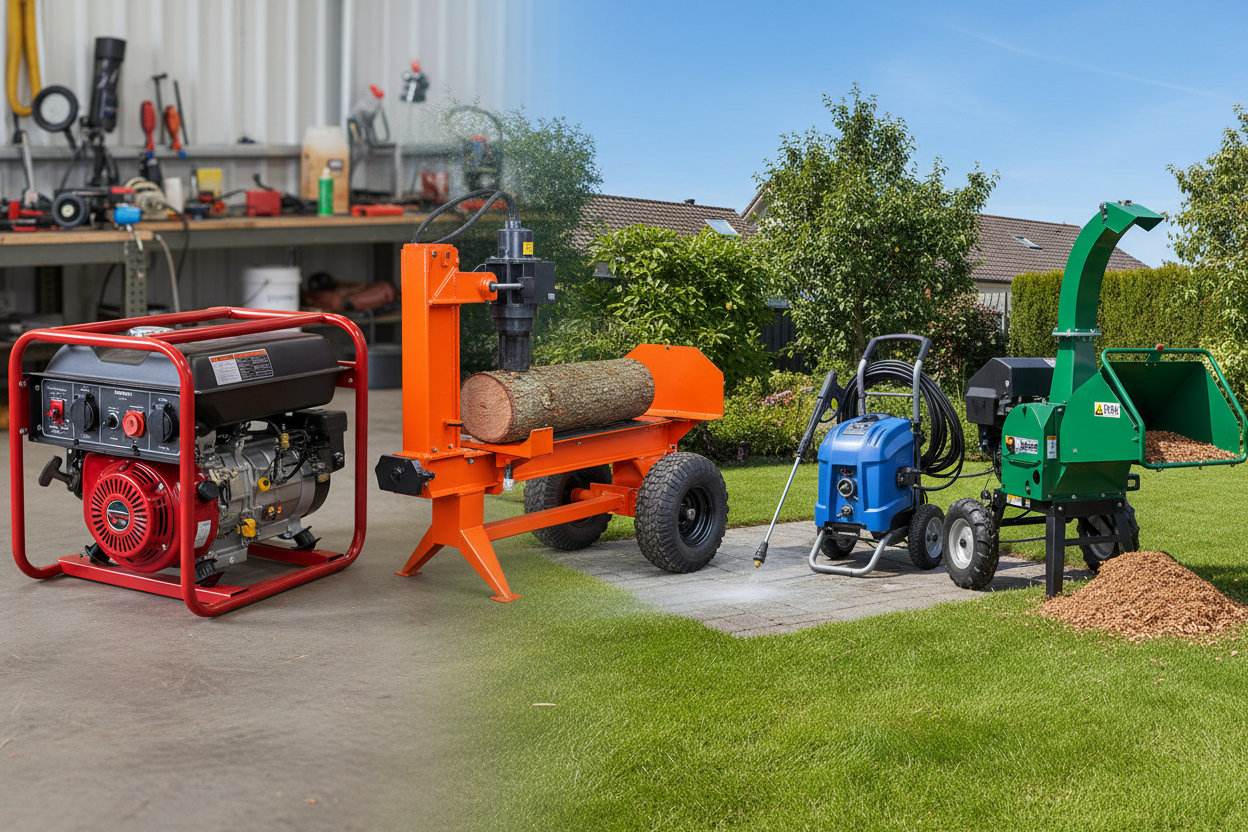 size it 1200x628px and show a generator, log splitter, pressure washer, and chipper