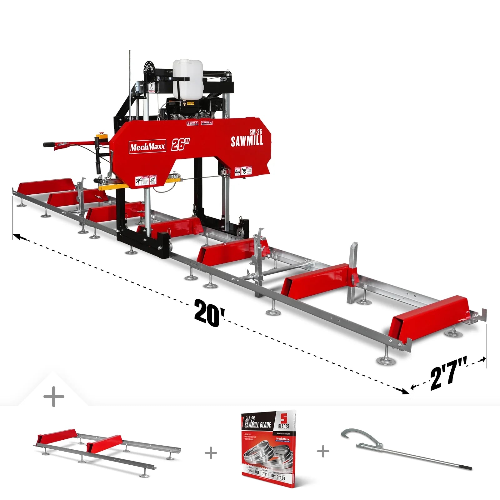 MechMaxx 26" Portable Sawmill , 459cc 15HP E-Start Gasoline Engine, 20" Board Width, 20' Track Length, SM-26